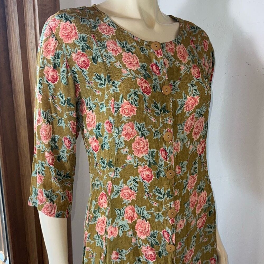 Vintage 80's Green Cottagecore Rose Floral Button Down Maxi Dress Medium‎